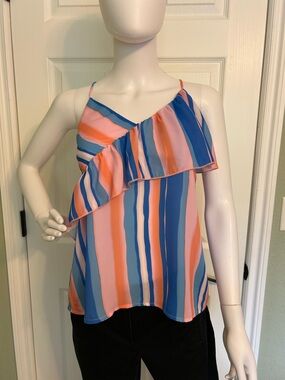 Pink Lily Striped Ruffle Cami in Coral, Blue & Pink